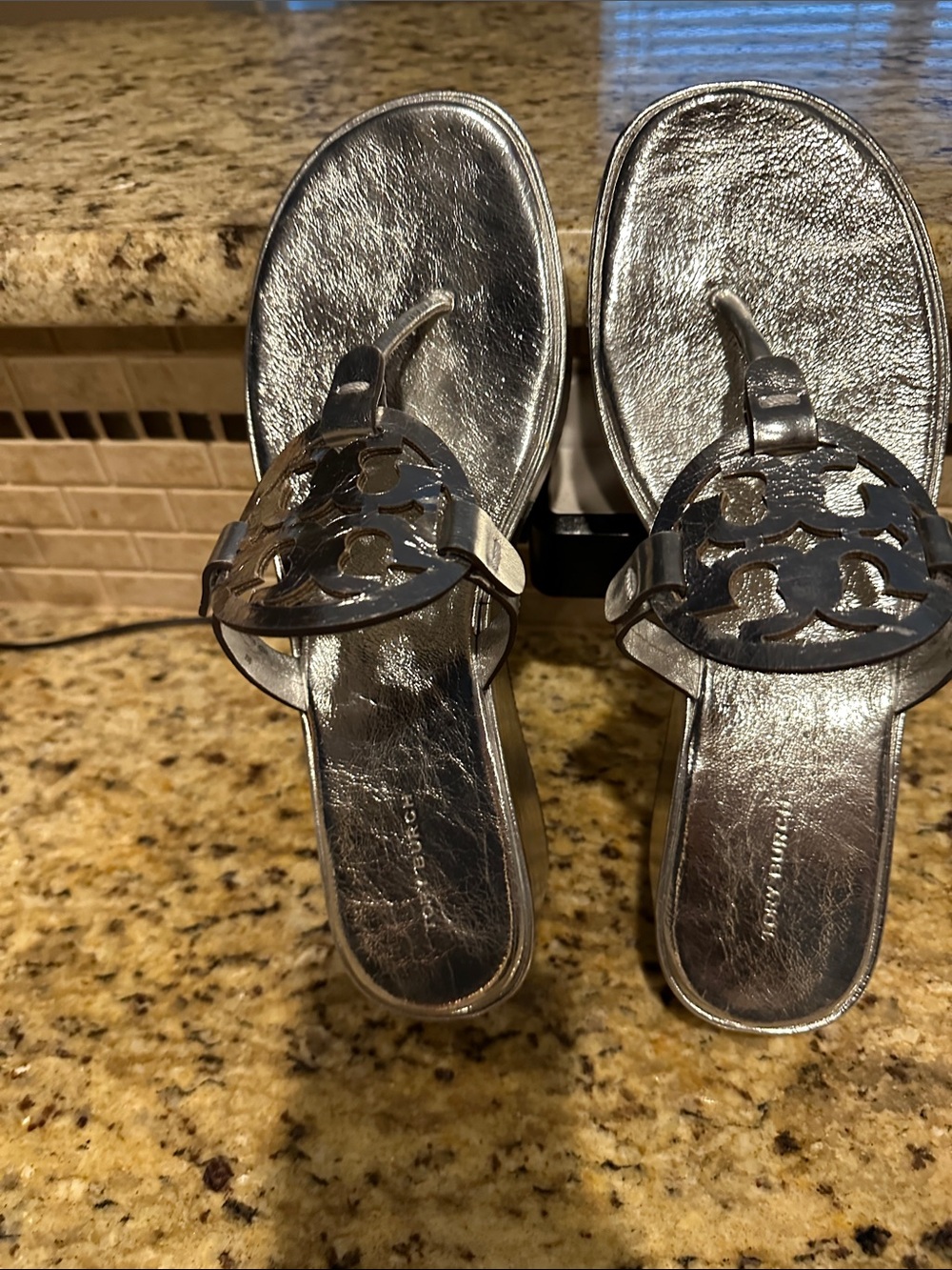 Tory Burch Silver Logo Thong Sandals